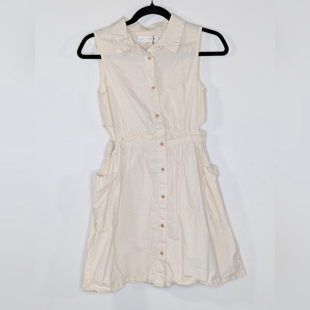 Zara Girls Side Cotton Cut Out Sleeveless Elastic Waist Midi Dress Cream 11 12‎